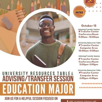 University Advising/Transfer Session, October 15 2025, located at the Transfer Center (3C Building next to Starbucks) 9 AM to 11 AM, 2 PM to 4 PM